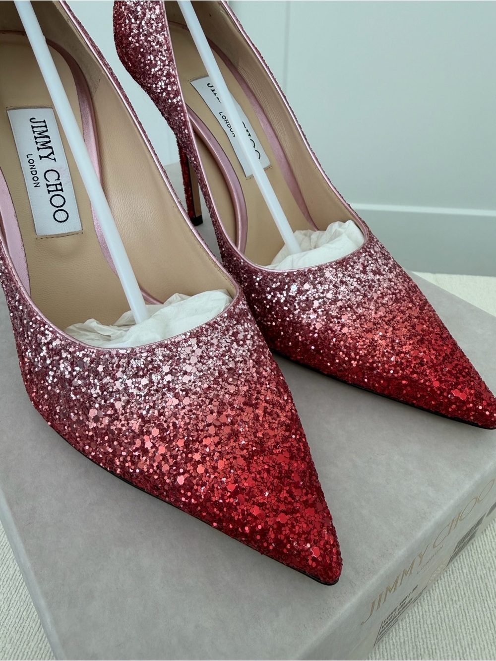 Jimmy Choo Love 100 Women's Glitter Gradient Pumps - Red/Pink - Picture 6 of 7